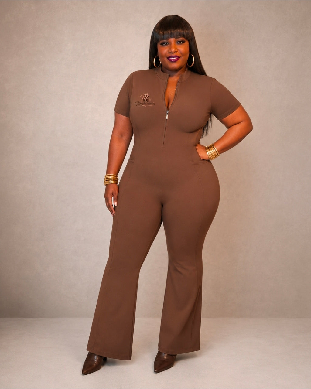 Msfbrownie Women’s Tight Flared Leg Quarter-Zip Jumpsuit