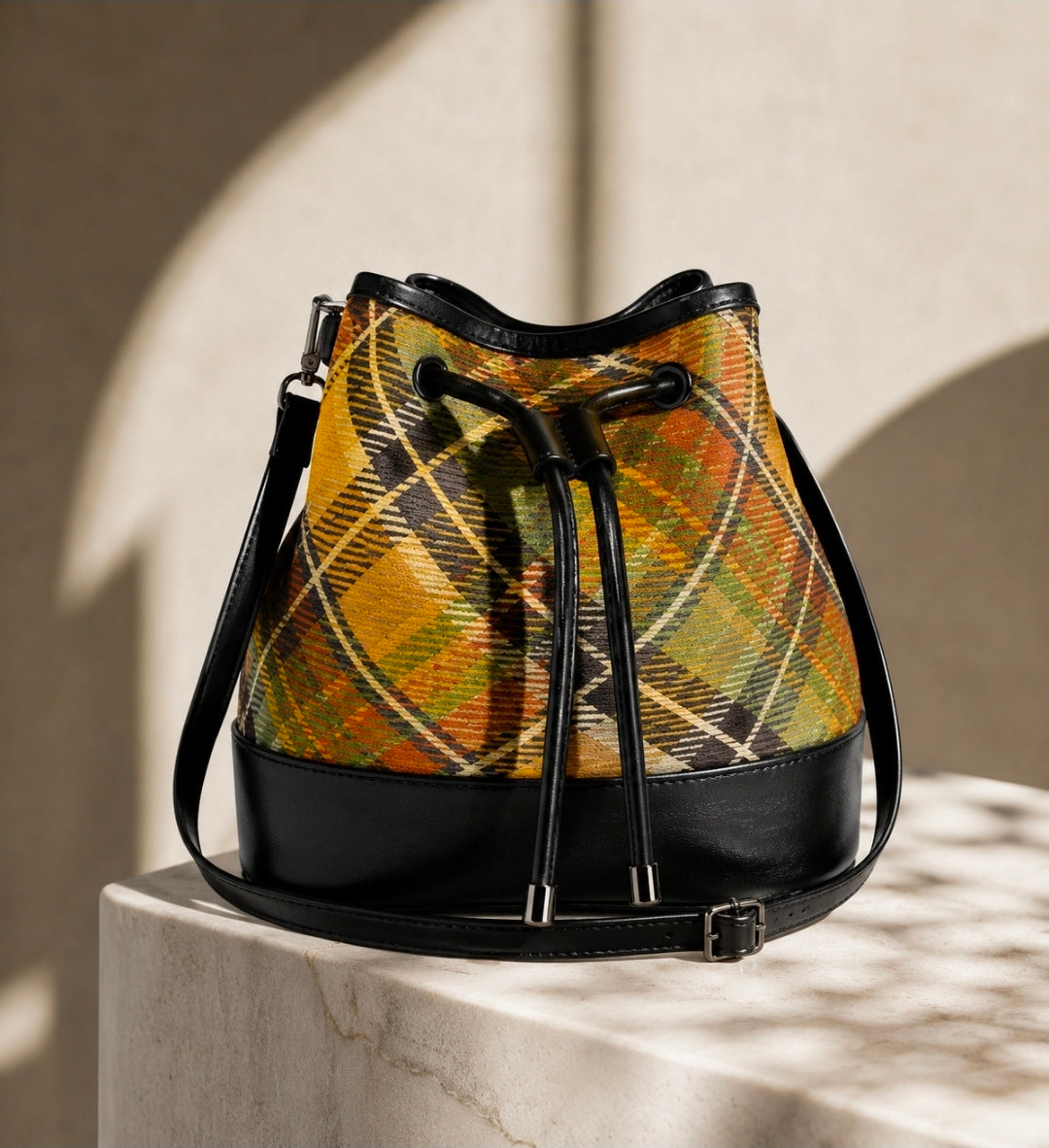 Plaid Mini Drawstring Bucket Bag for Stylish Storage and Organization