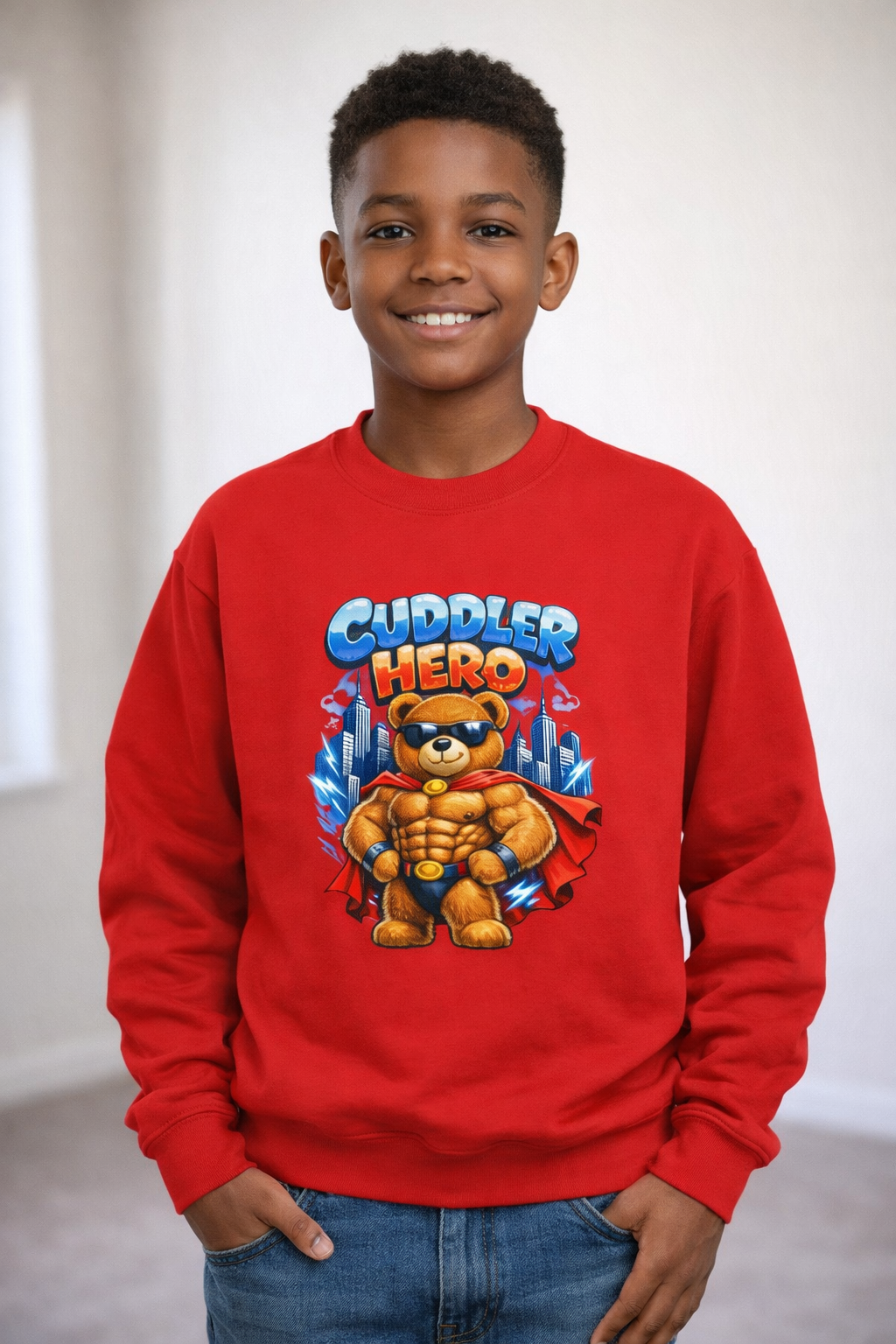 Cuddler Hero Kids Sweatshirt - Adorable Superhero Teddy Crewneck for Children
