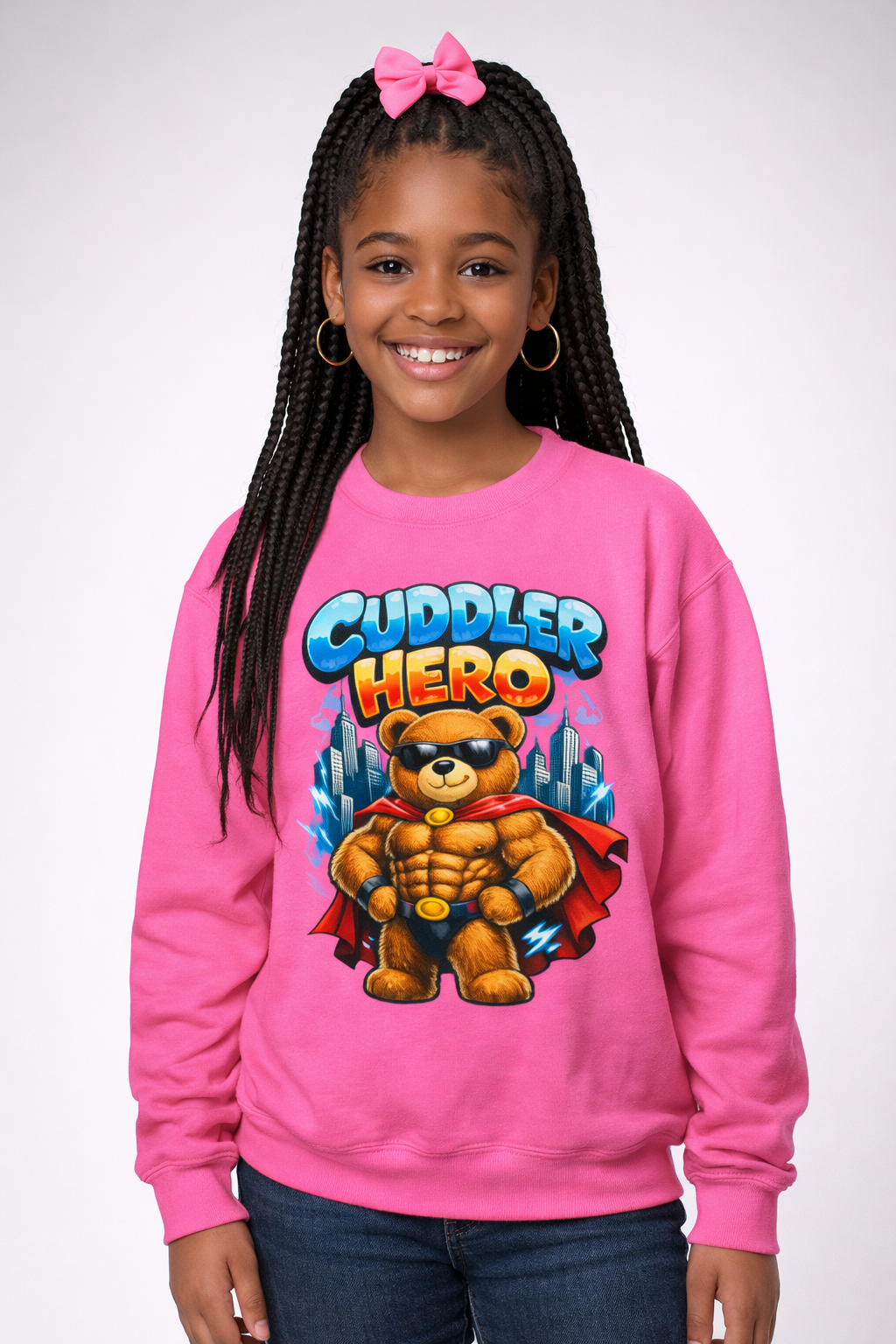 Cuddler Hero Kids Sweatshirt — Cute Superhero Teddy Crewneck