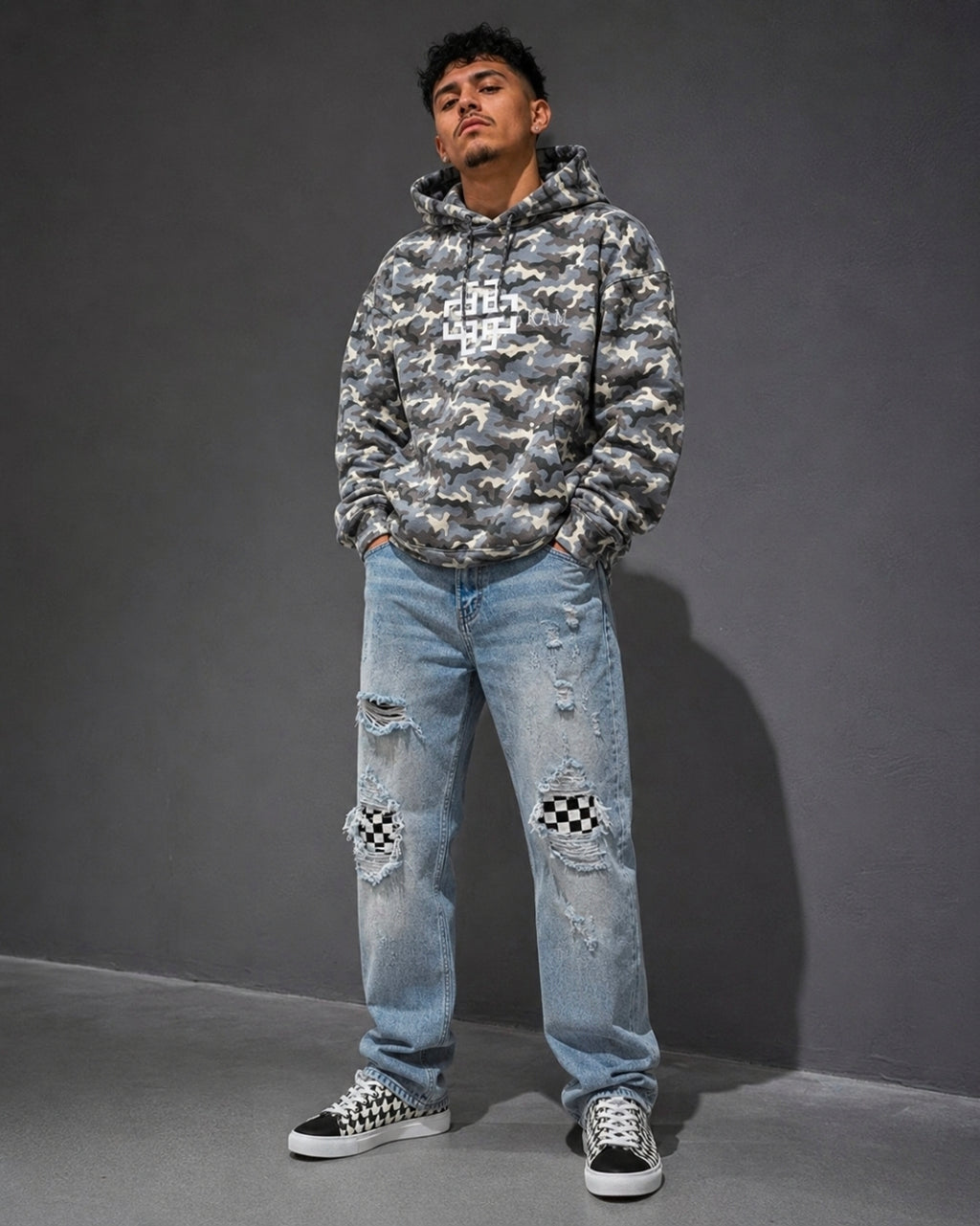 Men’s Distressed Checkerboard Patchwork Jeans – Urban Streetwear Denim
