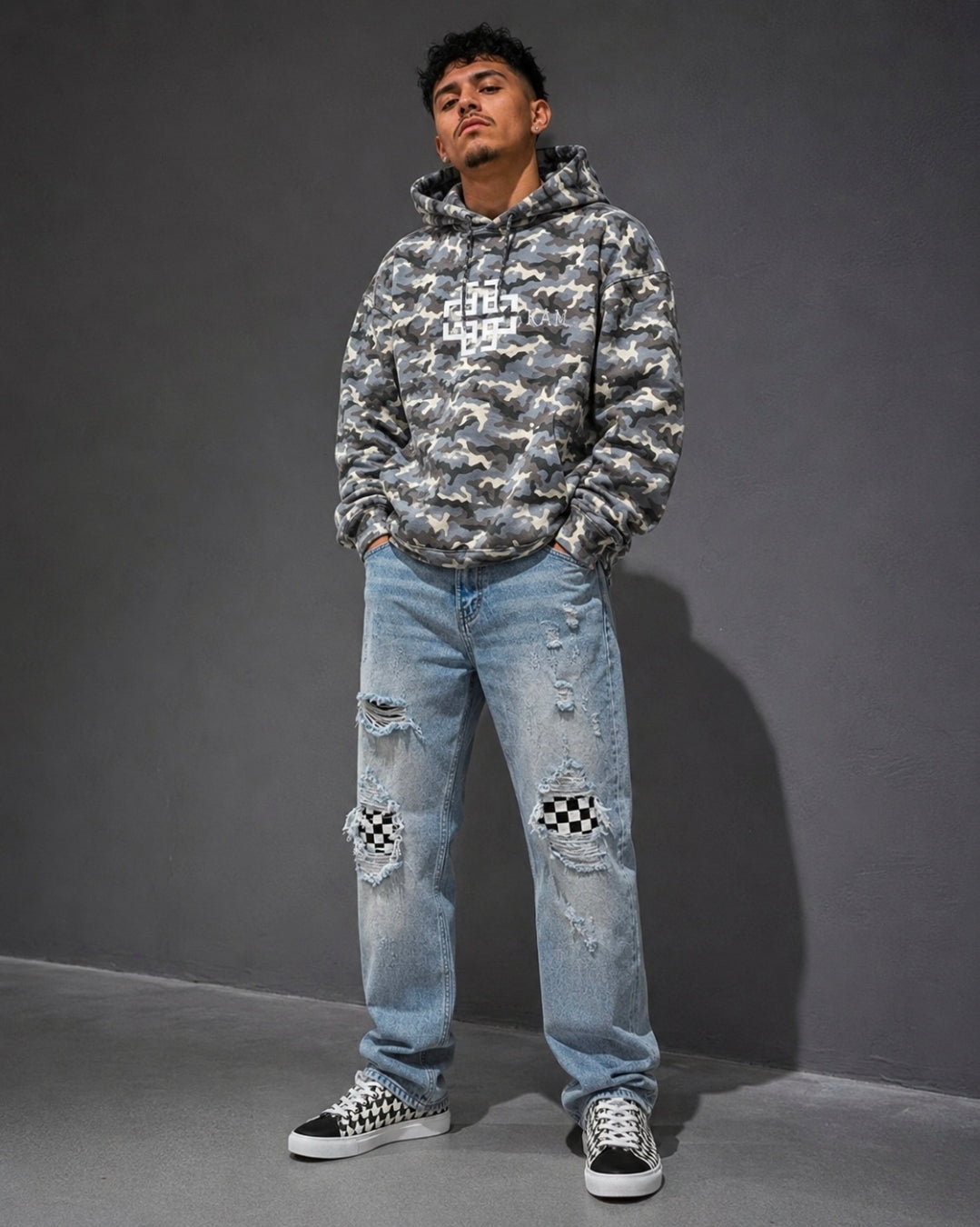 Men’s Distressed Checkerboard Patchwork Jeans – Urban Streetwear Denim