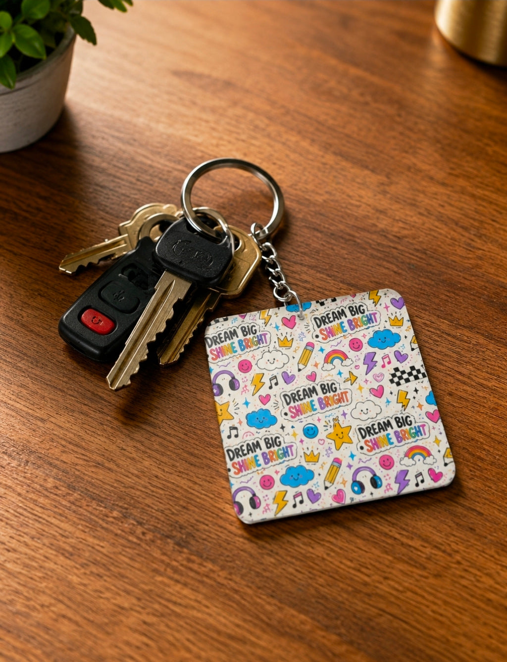 Dream Big Square Keychain — Cute Doodle Inspirational Keyring