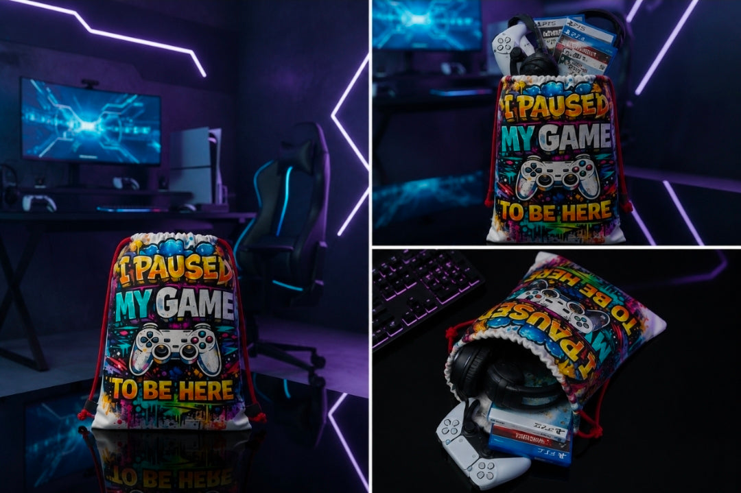 I Paused My Game Sack - Sublimation Linen Drawstring Sack for Gamers