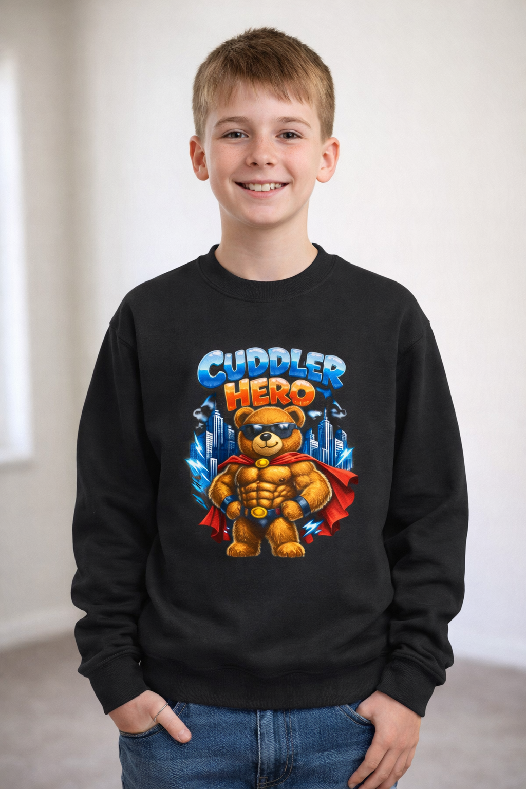 Cuddler Hero Kids Sweatshirt - Adorable Superhero Teddy Crewneck for Children