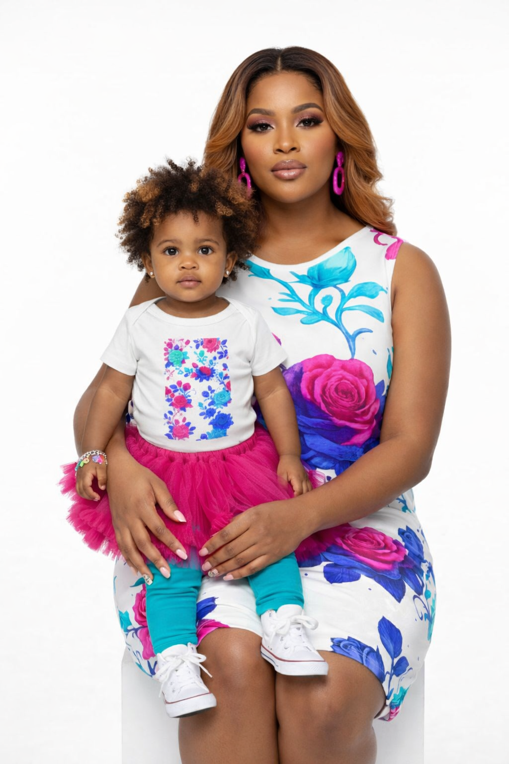 Floral Sleeveless Summer Dress in Vibrant Blue and Pink Roses