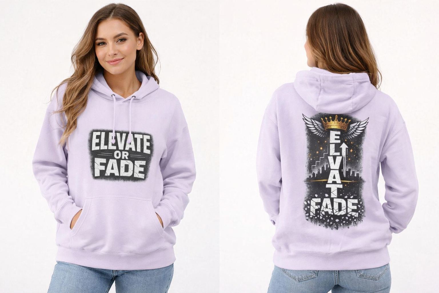 Elevate or Fade Hoodie - Urban Graphic Fleece Pullover with Crown and Wings Design for Stylish Comfort