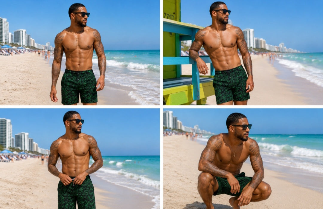 Men's Swim Shorts - Dark Green Cannabis Leaf All-Over Print
