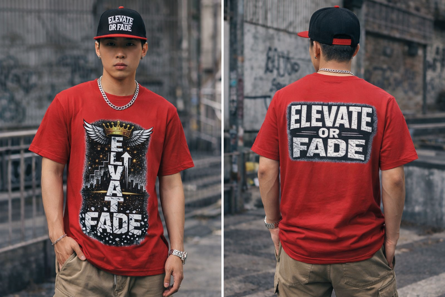 Elevate or Fade T-Shirt — Motivational Streetwear Tee with Crown & Wings
