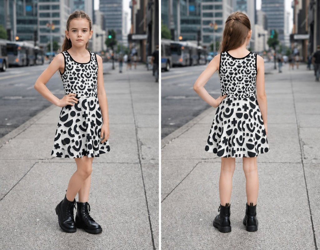 Girls Black and White Sundress with Geometric Circle and Cross Pattern