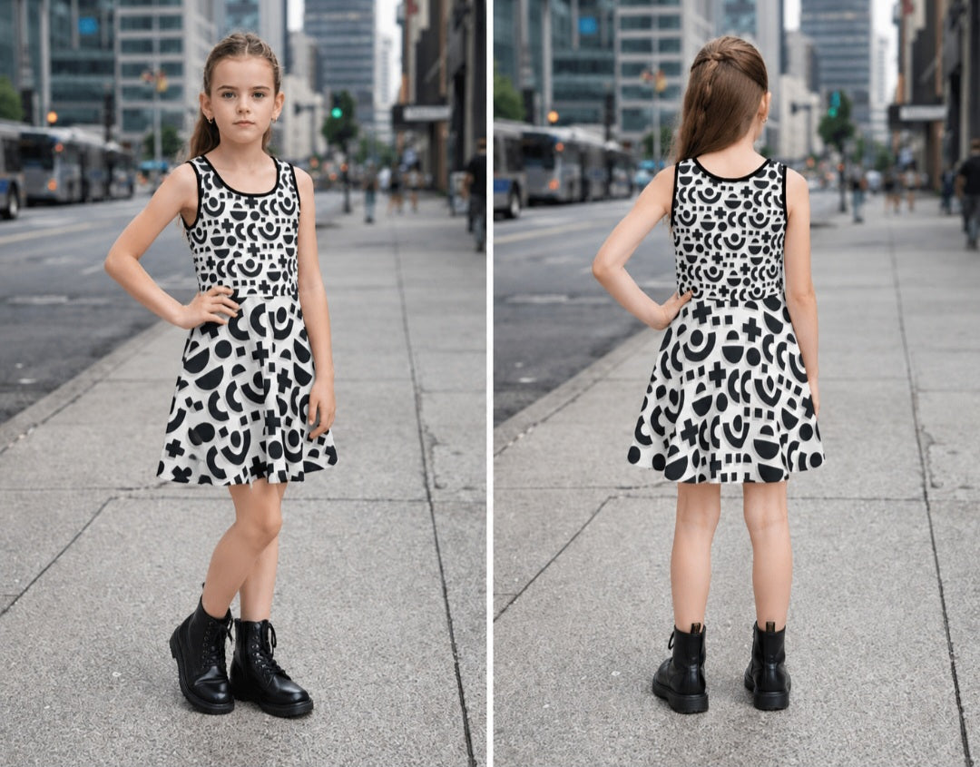 Girls Black and White Sundress with Geometric Circle and Cross Pattern