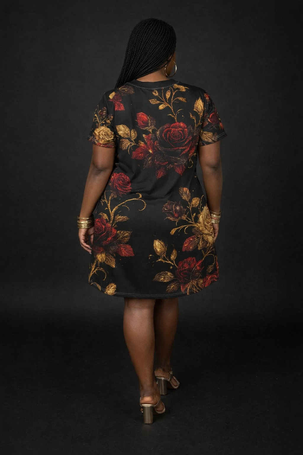 Queen Vibes Floral T‑Shirt Dress — Gold & Burgundy Roses