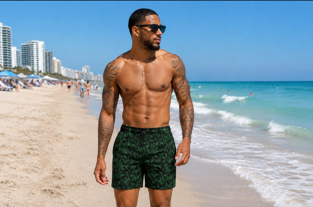 Men's Swim Shorts - Dark Green Cannabis Leaf All-Over Print