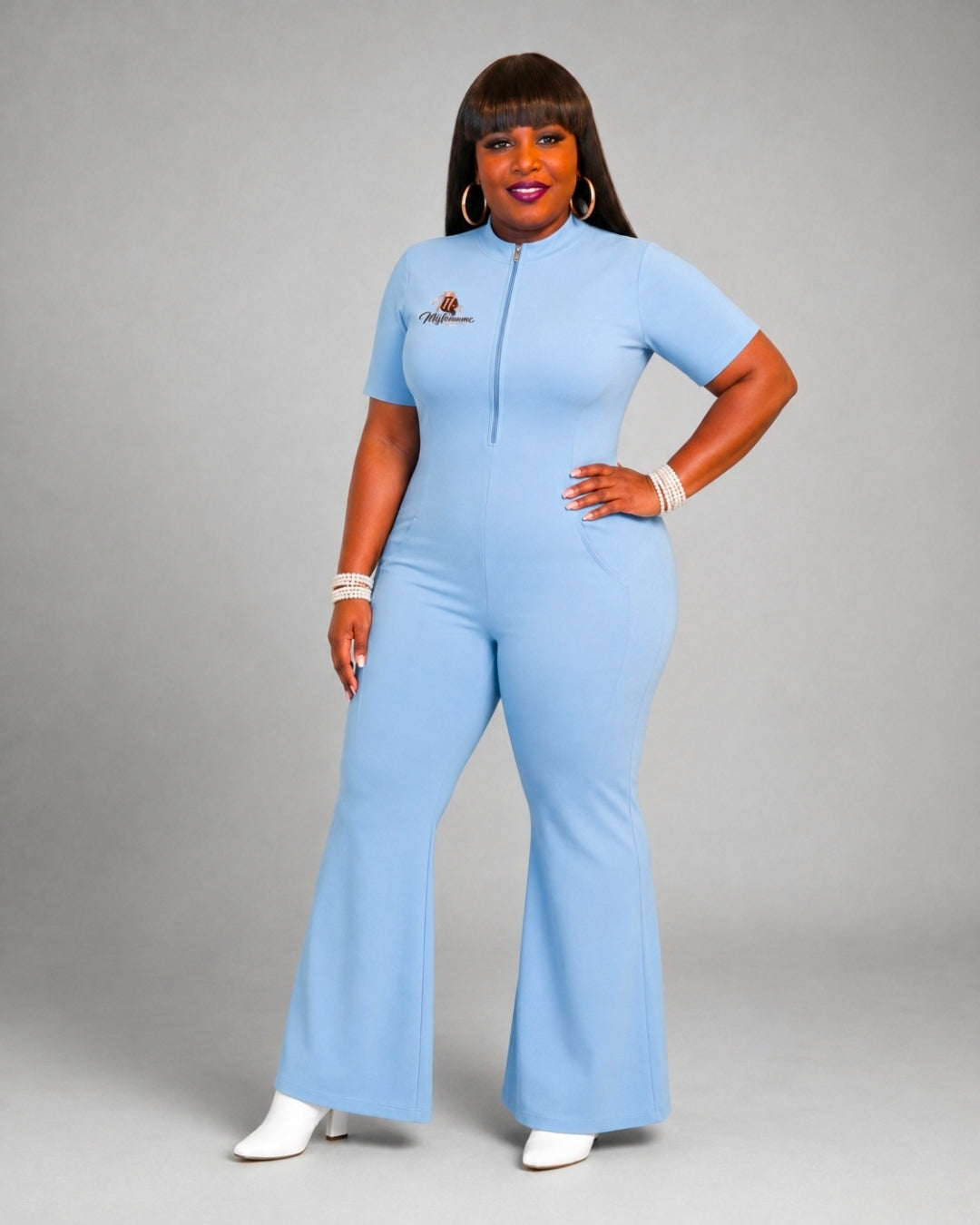 Msfbrownie Women’s Tight Flared Leg Quarter-Zip Jumpsuit