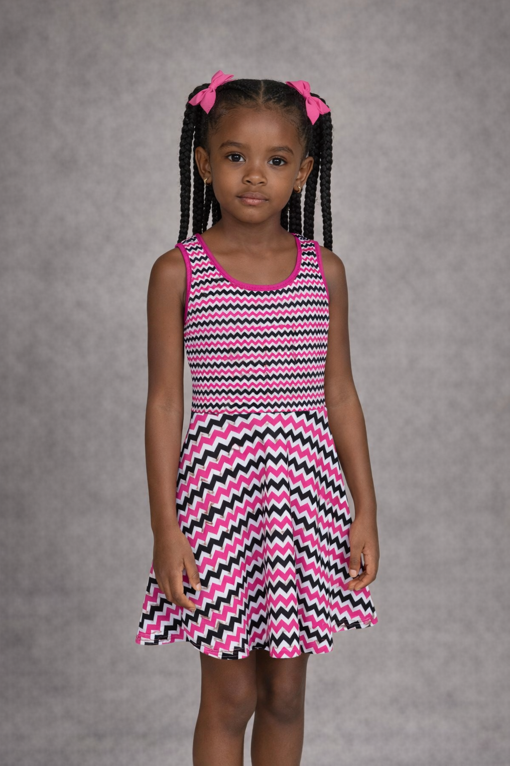 Girls Pink Black Chevron Sundress - Zigzag Sleeveless Dress for Stylish Summer Days
