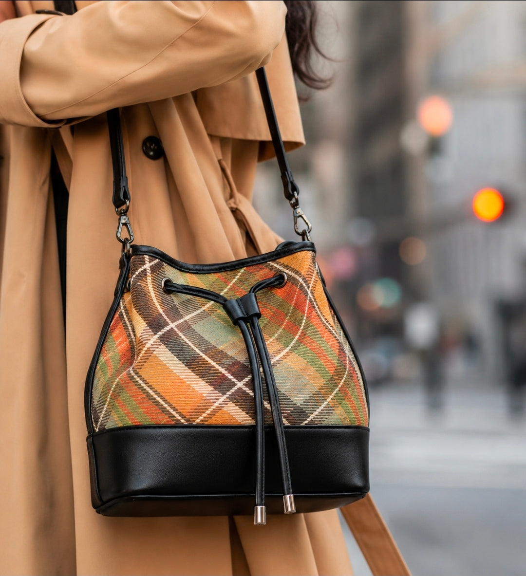Plaid Mini Drawstring Bucket Bag for Stylish Storage and Organization