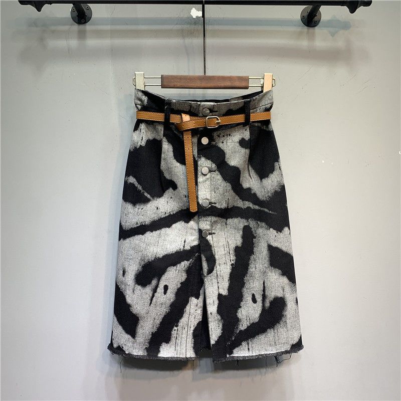 Tie-dyed High Waist Stretch Denim Skirt - IAKAM