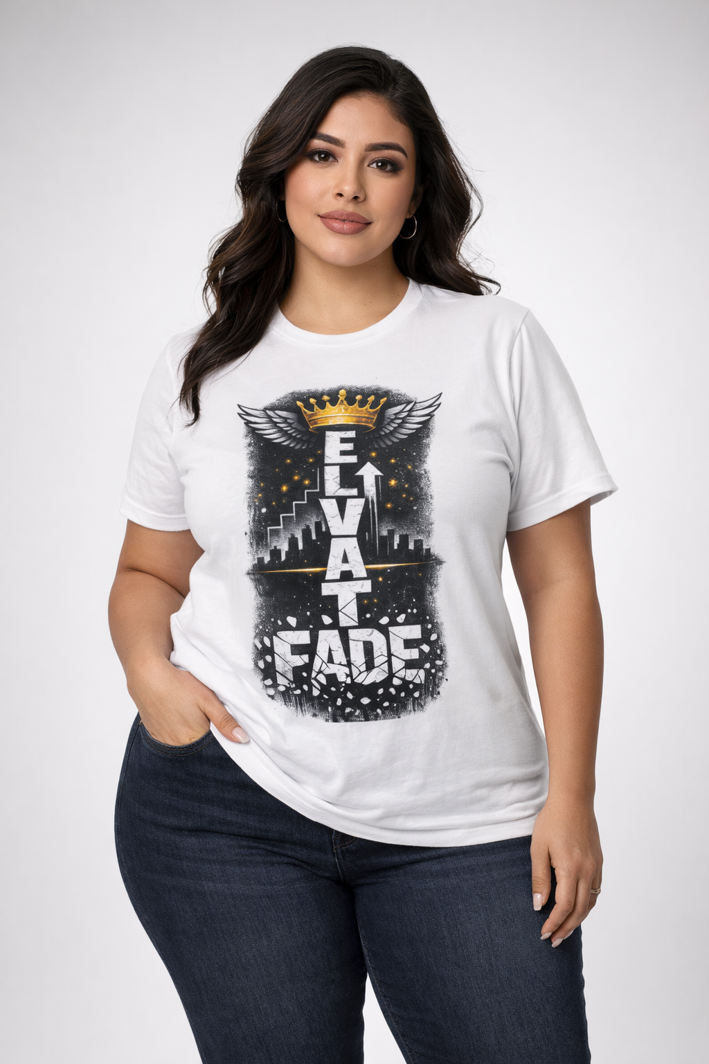 Elevate or Fade T-Shirt — Motivational Streetwear Tee with Crown & Wings