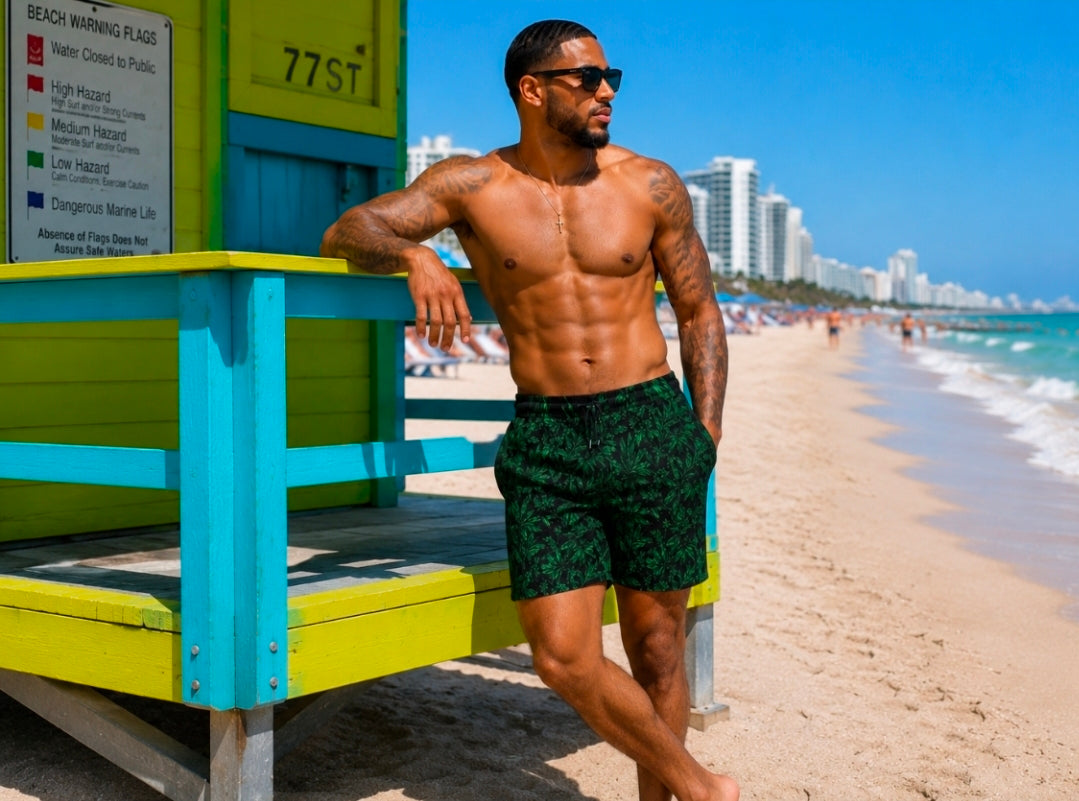 Men's Swim Shorts - Dark Green Cannabis Leaf All-Over Print