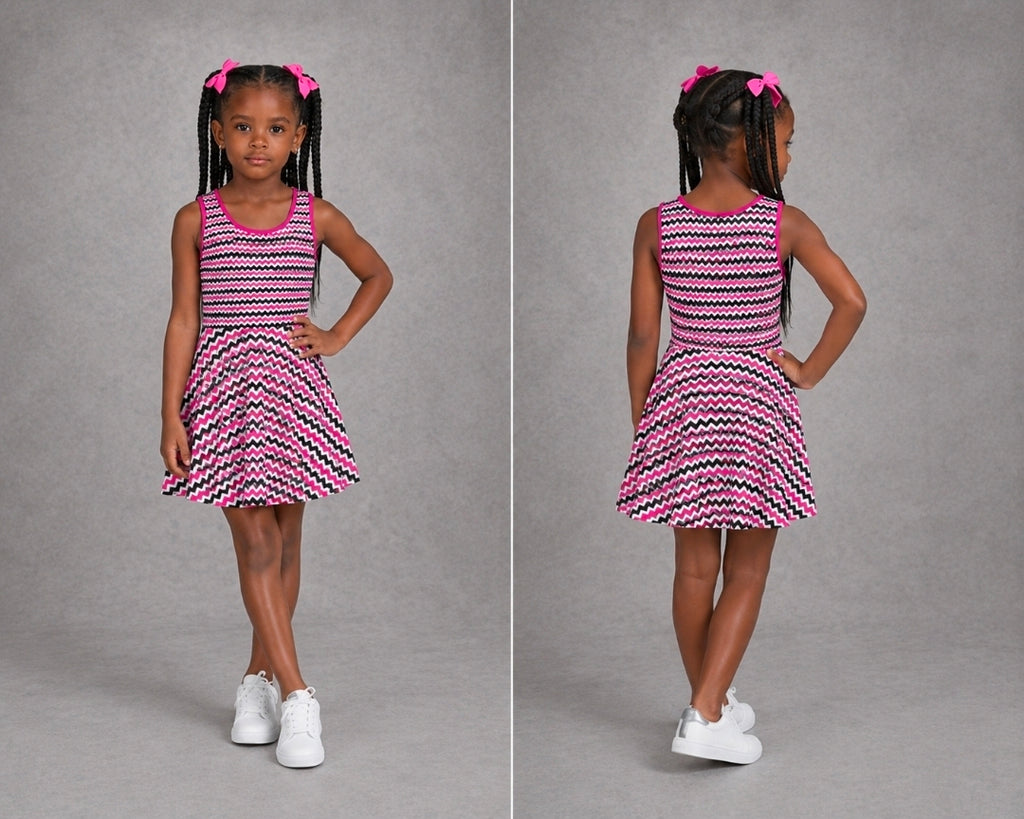Girls Pink Black Chevron Sundress - Zigzag Sleeveless Dress for Stylish Summer Days