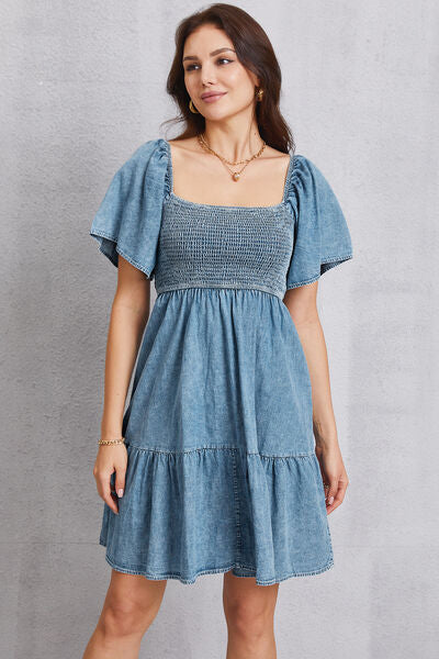 Smocked Square Neck Mini Denim Dress - IAKAM