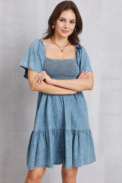 Smocked Square Neck Mini Denim Dress - IAKAM