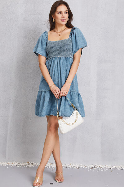 Smocked Square Neck Mini Denim Dress - IAKAM