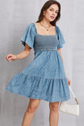 Smocked Square Neck Mini Denim Dress - IAKAM