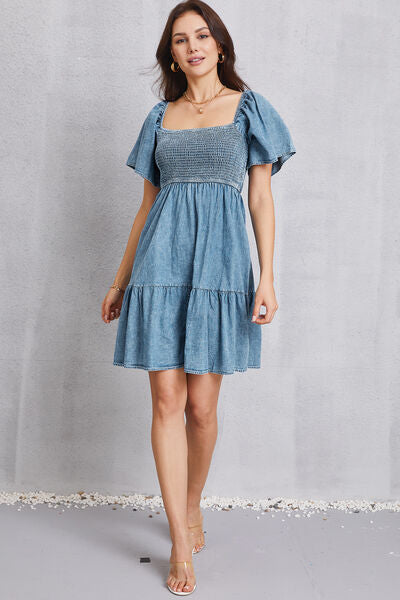 Smocked Square Neck Mini Denim Dress - IAKAM