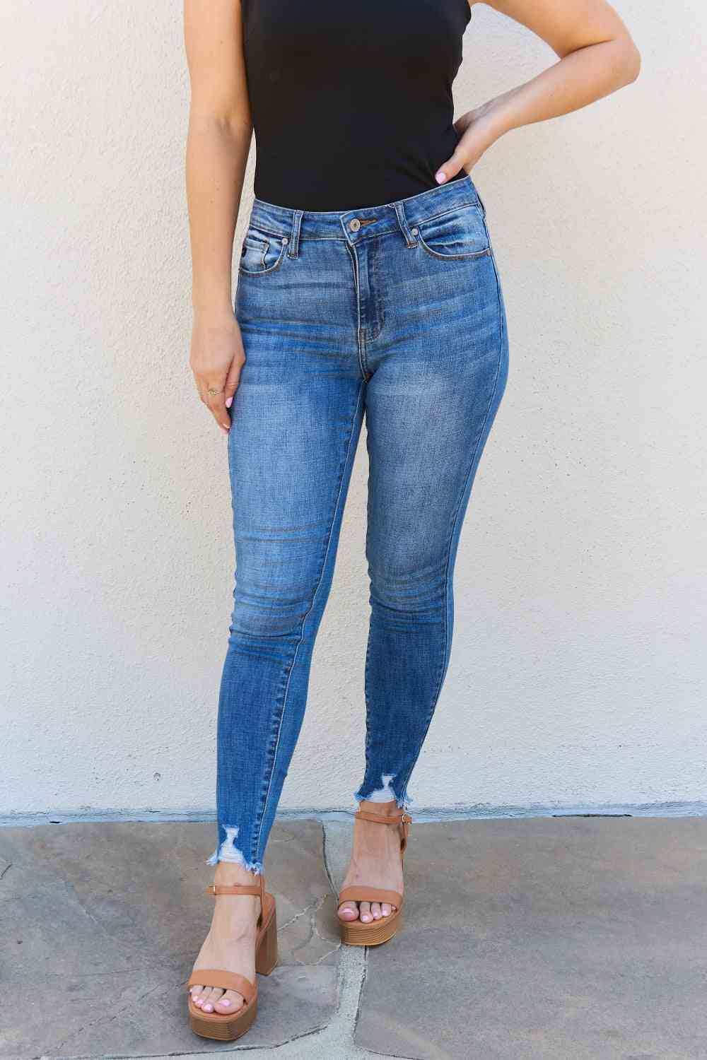 Kancan Lindsay Full Size Raw Hem High Rise Skinny Jeans - IAKAM