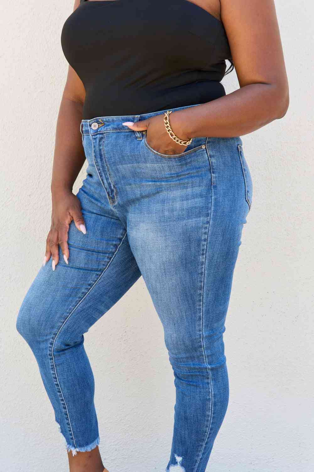 Kancan Lindsay Full Size Raw Hem High Rise Skinny Jeans - IAKAM