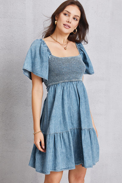 Smocked Square Neck Mini Denim Dress - IAKAM