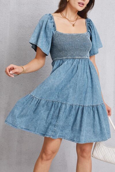 Smocked Square Neck Mini Denim Dress - IAKAM
