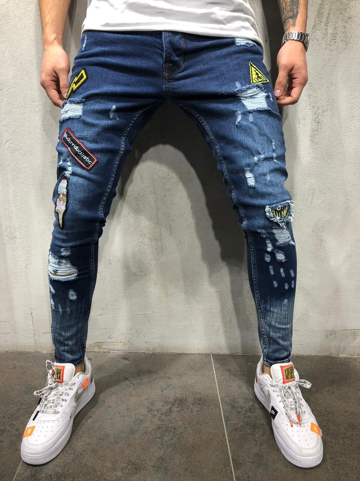 Men Demin embroidery skinny jeans - IAKAM