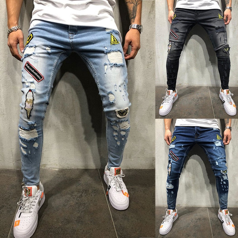 Men Demin embroidery skinny jeans - IAKAM