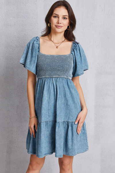 Smocked Square Neck Mini Denim Dress - IAKAM