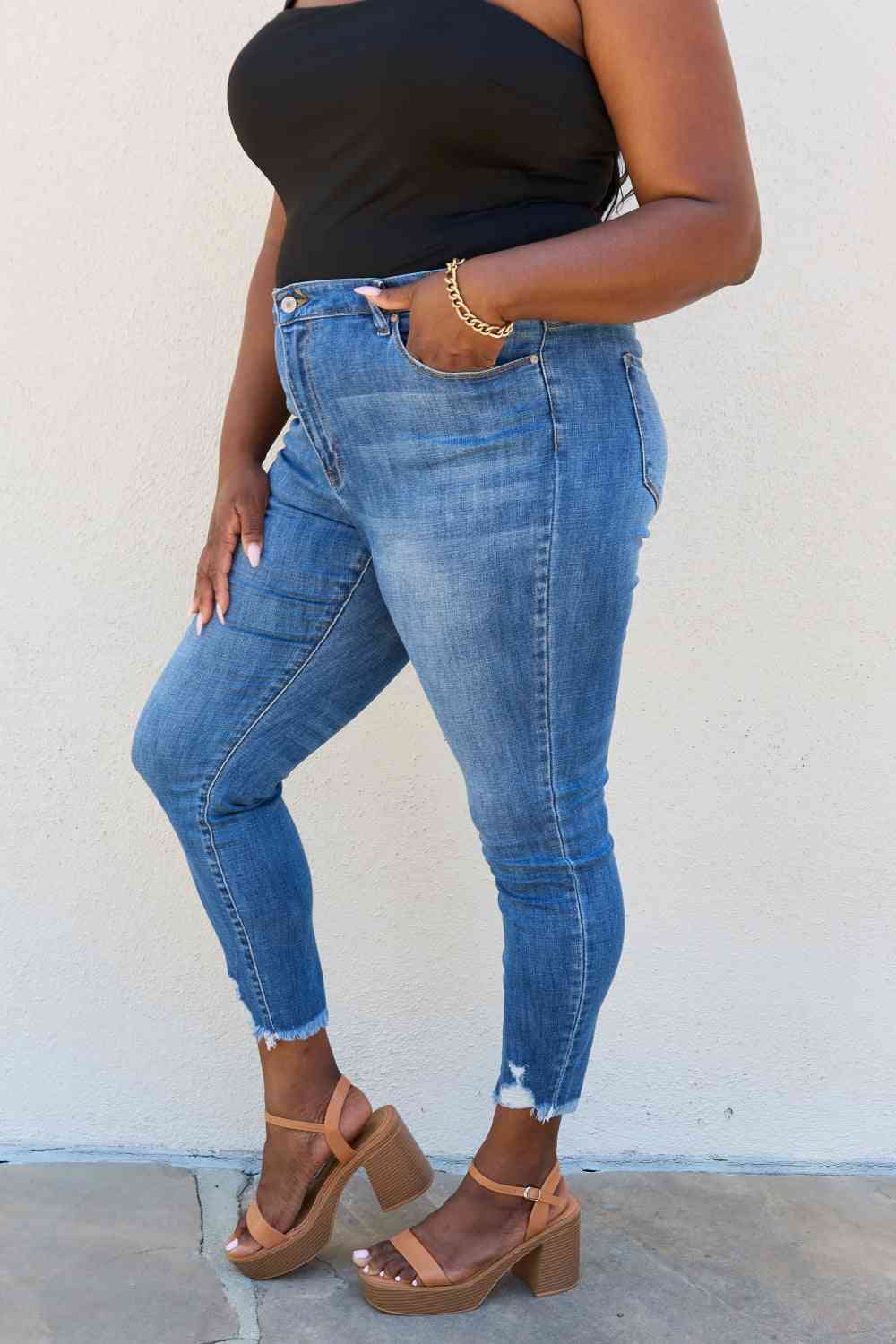 Kancan Lindsay Full Size Raw Hem High Rise Skinny Jeans - IAKAM