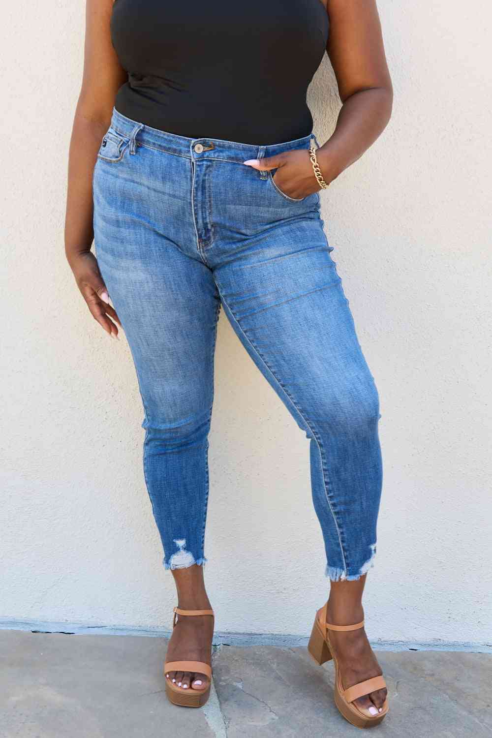 Kancan Lindsay Full Size Raw Hem High Rise Skinny Jeans - IAKAM