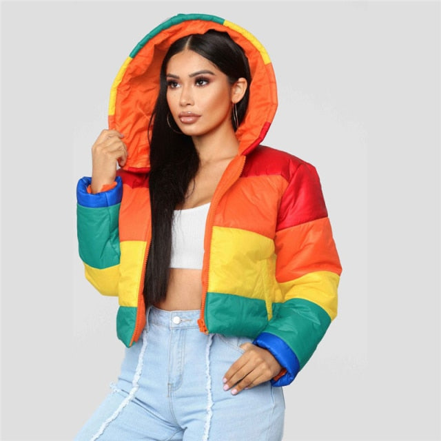 LOVE WINS Coat Winter Warm Oversize Parkas Hat Rainbow Jacket Stripe  Winter Autumn Colorful Bubble Coat - IAKAM